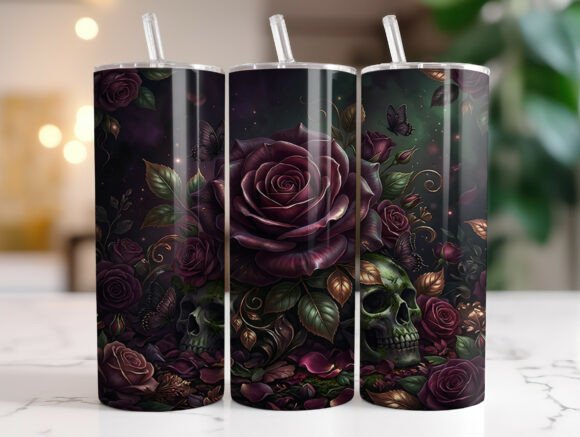 Dark Floral Skull 20oz Tumbler Wrap PNG