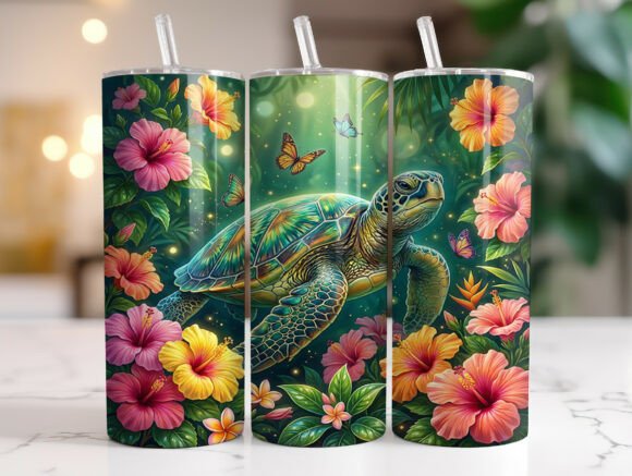 Tropical Sea Turtle Hibiscus Tumbler PNG